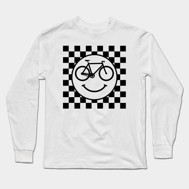 Funny Bicycle Happy Bike Smiley Face Black Checkers Long Sleeve T-Shirt by PnJ